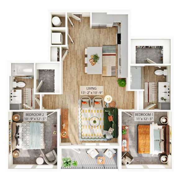 A floor plan of a living space with three bedrooms.