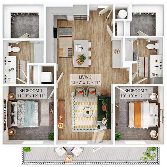 A floor plan of a living space with two bedrooms and a living room.