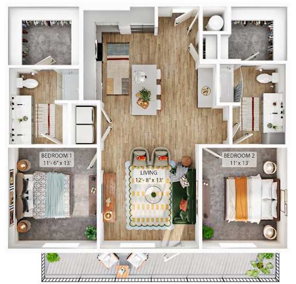 A floor plan of a two bedroom apartment with a living room in the middle.