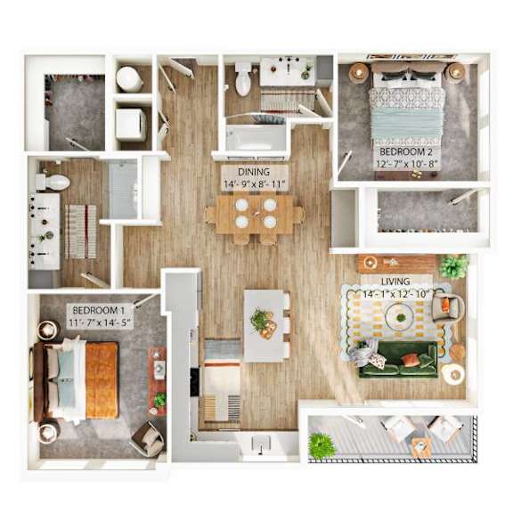 A floor plan of a small apartment with two bedrooms, a living room, a dining room, and a kitchen.