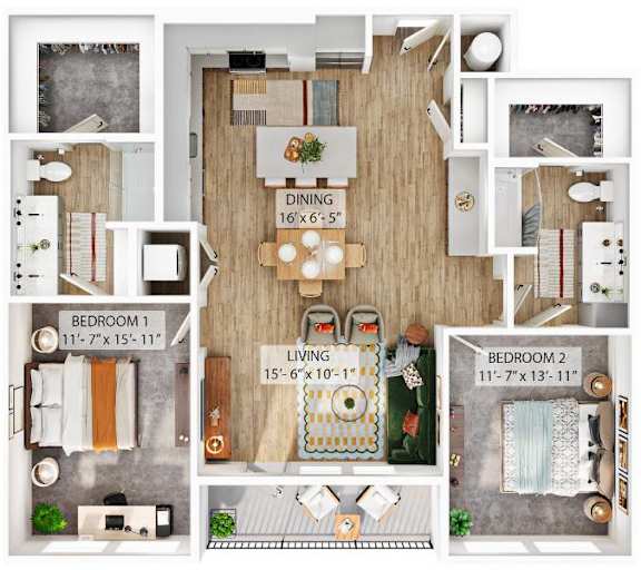 A floor plan of a small apartment with a living room, dining room, and two bedrooms.
