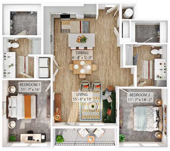 A floor plan of a house with a living room, two bedrooms, a dining room, and a kitchen.
