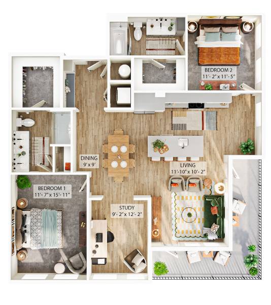 A floor plan of a small apartment with three bedrooms, a living room, a dining room, and a study.