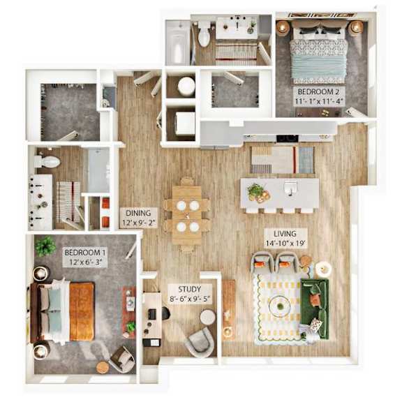 A floor plan of a two bedroom apartment with a living room, dining room, and study.