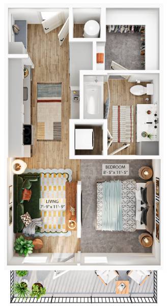 A floor plan of a small apartment with a living room, bedroom, and bathroom.
