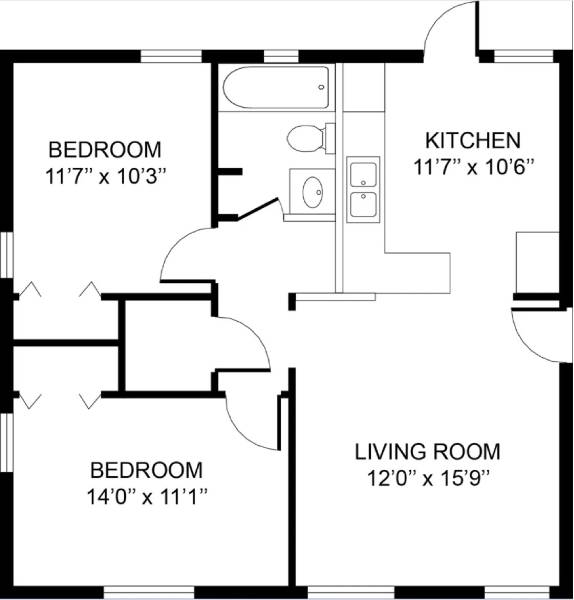 A black and white image of a floor plan for a home with three labeled rooms.