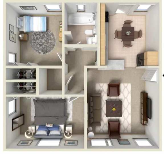 A 3D rendered image of a small apartment layout.