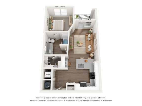 A1 1 bedroom and 1 bedroom 3D floorplan at The Artisan at Robinson