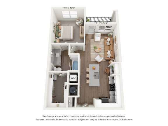 A2 1 bedroom and 1 bedroom 3D floorplan at The Artisan at Robinson