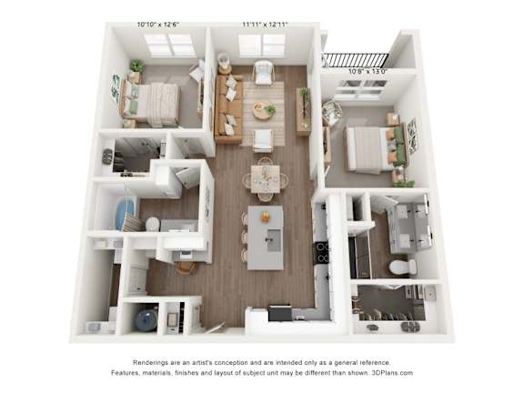 B1 2 bedroom and 2 bedroom 3D floorplan at The Artisan at Robinson