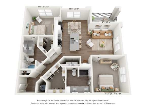 B2 2 bedroom and 2 bedroom 3D floorplan at The Artisan at Robinson