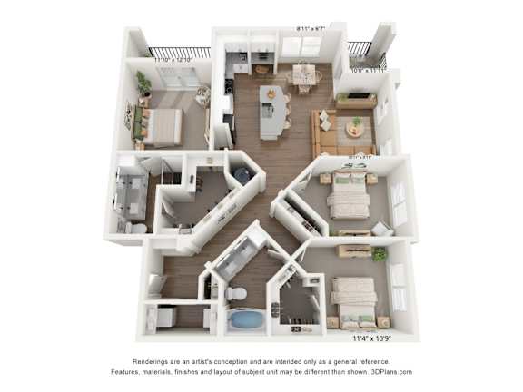 C1 3 bedroom and 2 bedroom 3D floorplan at The Artisan at Robinson