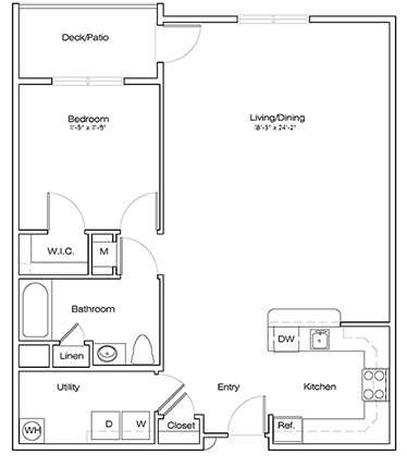 A black and white floor plan of a small apartment with a kitchen, bathroom, and living room.