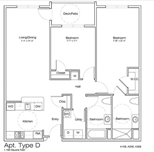A floor plan of an apartment type D with a living/dining area, kitchen, two bathrooms, and three bedrooms.