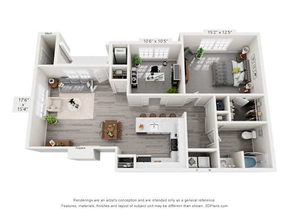 A floor plan of a two-bedroom apartment with a living room, kitchen, and bathroom.