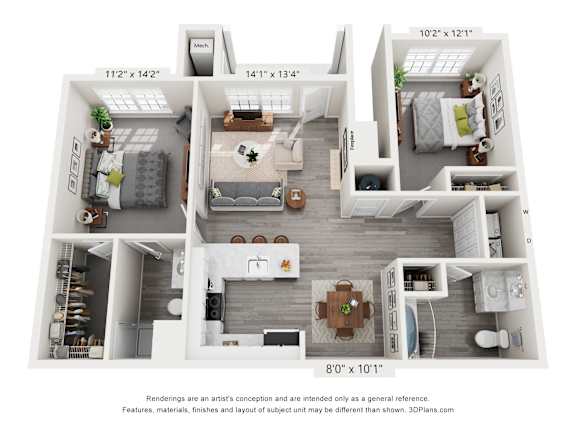 A 3D floor plan of a house with a kitchen, living room, and two bedrooms.
