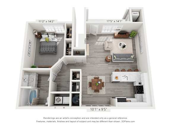 A floor plan of a two-bedroom apartment with a living room, kitchen, and bathroom.