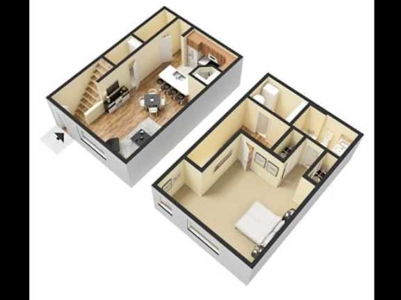 A 3D floor plan of a house with two bedrooms, a living room, a kitchen, and a bathroom.