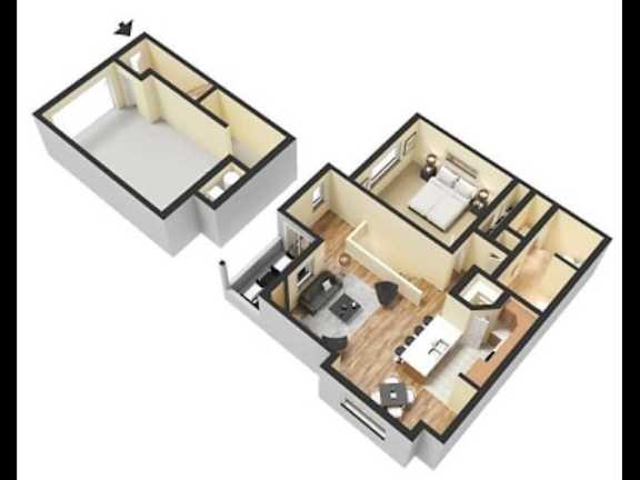 A 3D floor plan of a small apartment with a kitchen, living room, and bathroom.