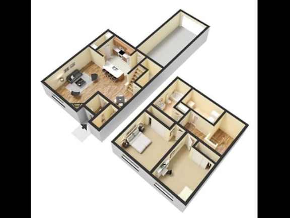 A 3D floor plan of a house with two bedrooms, a living room, a kitchen, and a bathroom.