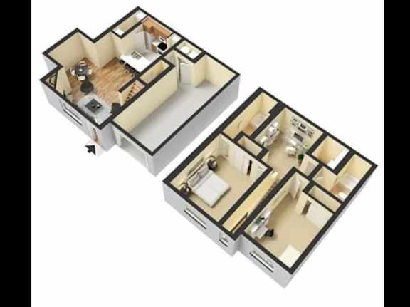 A 3D floor plan of a house with two bedrooms, a living room, a kitchen, and a bathroom.