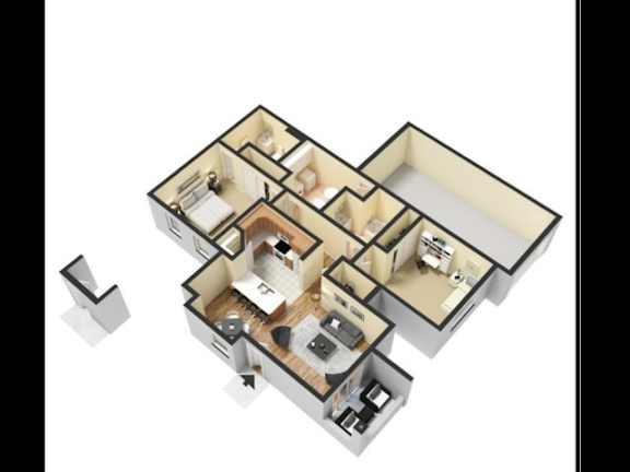 A 3D floor plan of a multi-room apartment.