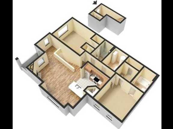 A 3D floor plan of a house with a kitchen, living room, and bedrooms.