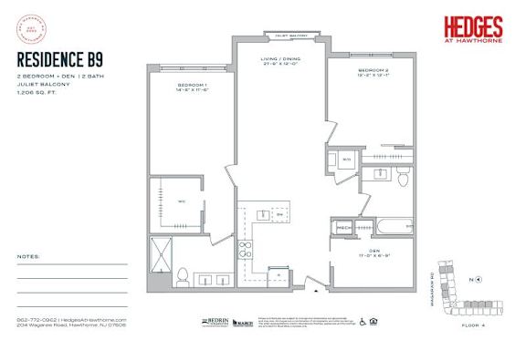 A floor plan for a residence with two bedrooms and a den.