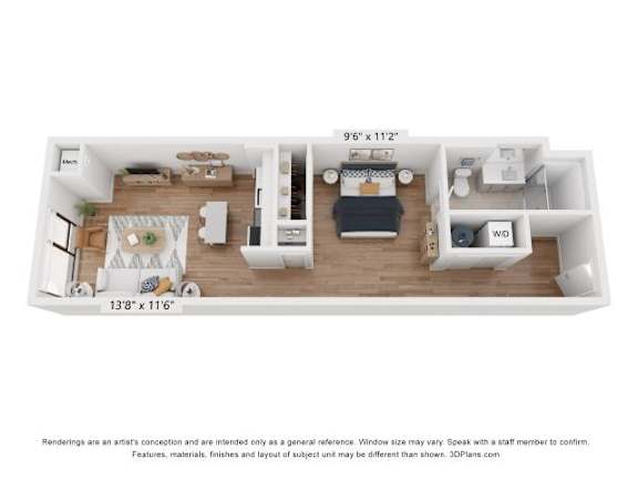 A 3D floor plan of a small apartment with a living room, kitchen, and bedroom.