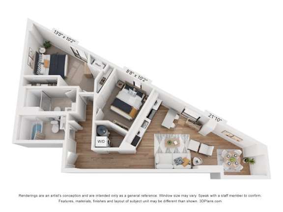 A 3D floor plan of a house with a living room, kitchen, and two bedrooms.