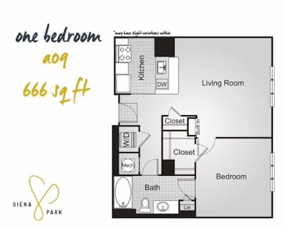 A floor plan of a one bedroom apartment that is 666 square feet.