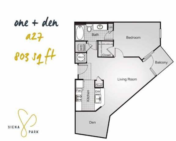 A floor plan for a one and a half bedroom apartment at Siena Park.