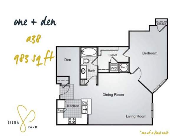 A floor plan for a one and a half bedroom apartment at Siena Park.