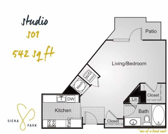 A drawing of a studio apartment with a living room, kitchen, and bathroom.