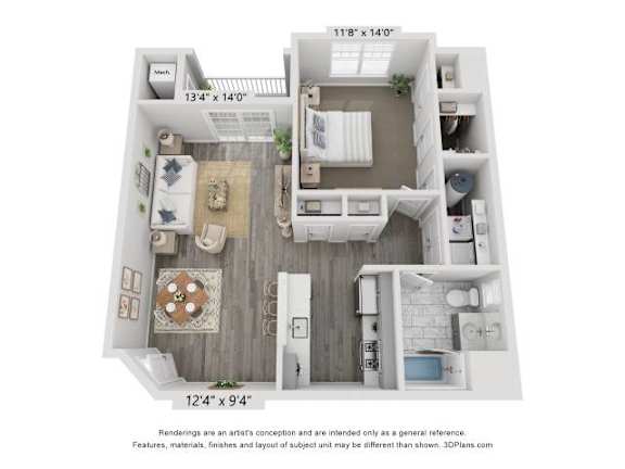A 3D floor plan of a small apartment with a kitchen, living room, and bathroom.