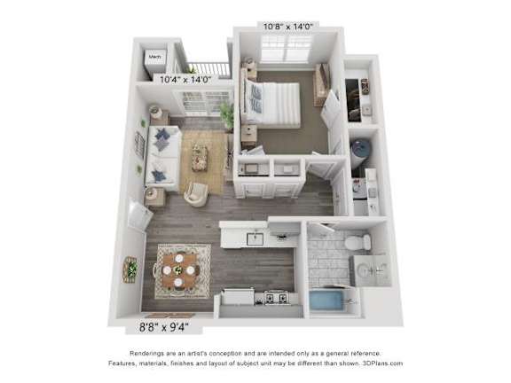 A 3D floor plan of a small apartment with a kitchen, living room, and bathroom.