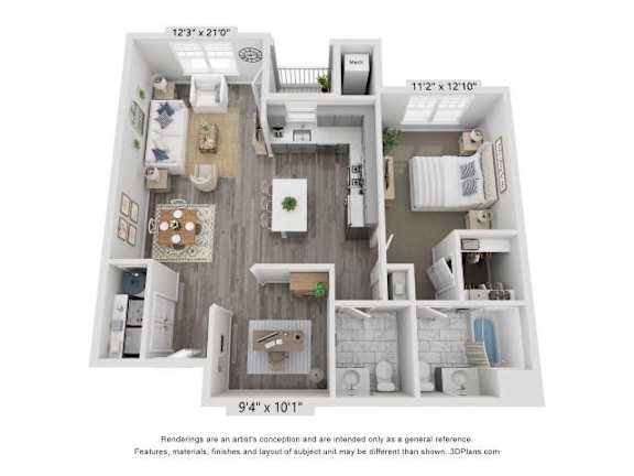 A 3D floor plan of a small apartment with a kitchen, living room, and bathroom.