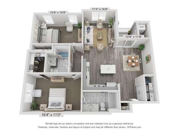 A 3D floor plan of a house with a living room, kitchen, and two bedrooms.