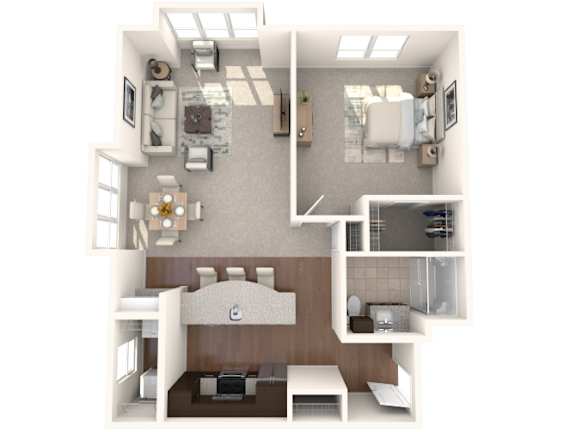 A top down view of a small apartment with a kitchen, living room, and bathroom.