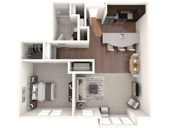 A 3D floor plan of a small apartment with a kitchen, living room, and bathroom.