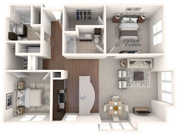 A 3D rendered image of a modern apartment layout.