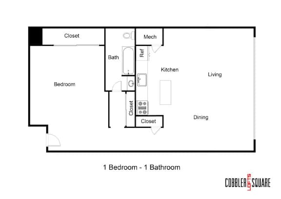 A floor plan of a small apartment with one bedroom and one bathroom.
