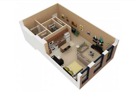 A 3D model of a house layout with labeled rooms.