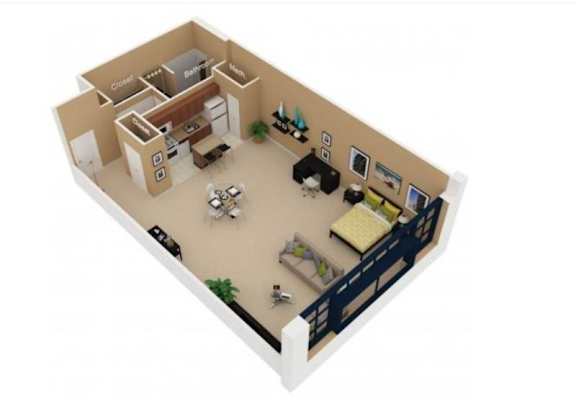 A 3D floor plan of a house with a living room, dining room, kitchen, and two bedrooms.