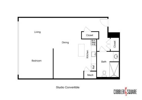 A floor plan of a studio apartment with a living room, bedroom, kitchen, bathroom, and a closet.