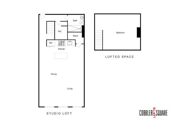 A floor plan of a lofted space with a living area, dining area, kitchen, bathroom, bedroom, and a studio.