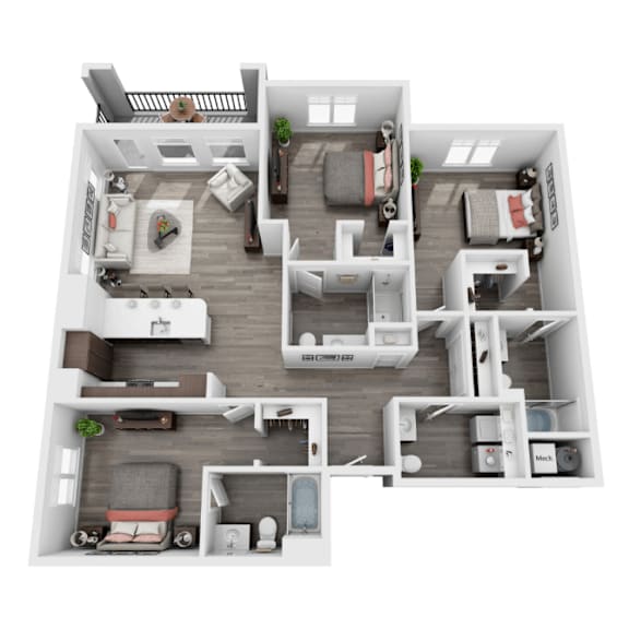 A 3D floor plan of a house with multiple rooms and furniture.