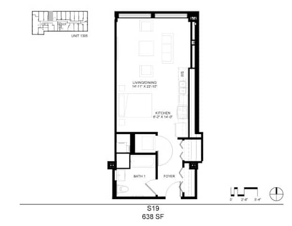 A black and white image of a floor plan for an apartment.