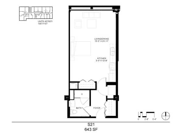 A floor plan of a one bedroom apartment with dimensions.