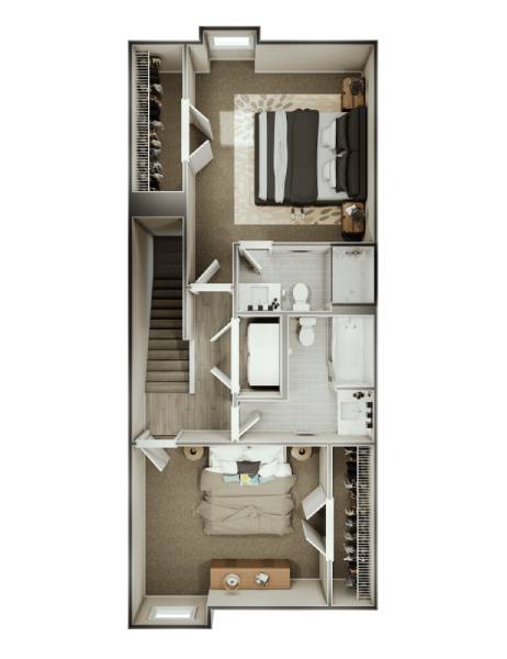 A top-down view of a small apartment with a bedroom, living room, and kitchen.